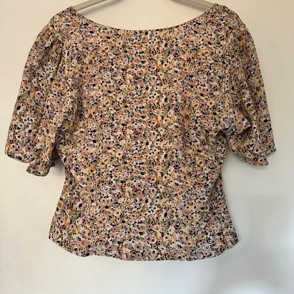 Astr Cream and Brown Flutter Sleeve Blouse with Ruched Tie Front - Picture 2 of 3